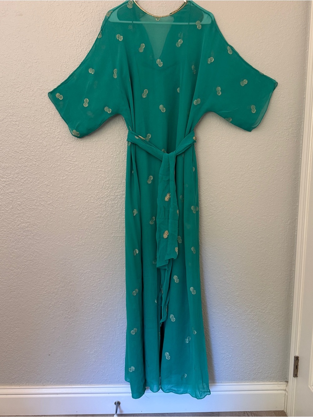 Vintage 1970s Green Embellished Maxi Kaftan with Belt